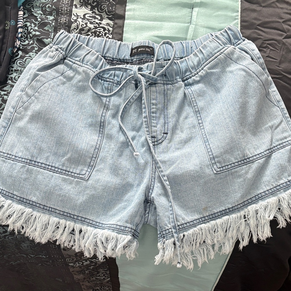 Light Blue Denim Fringe Shorts